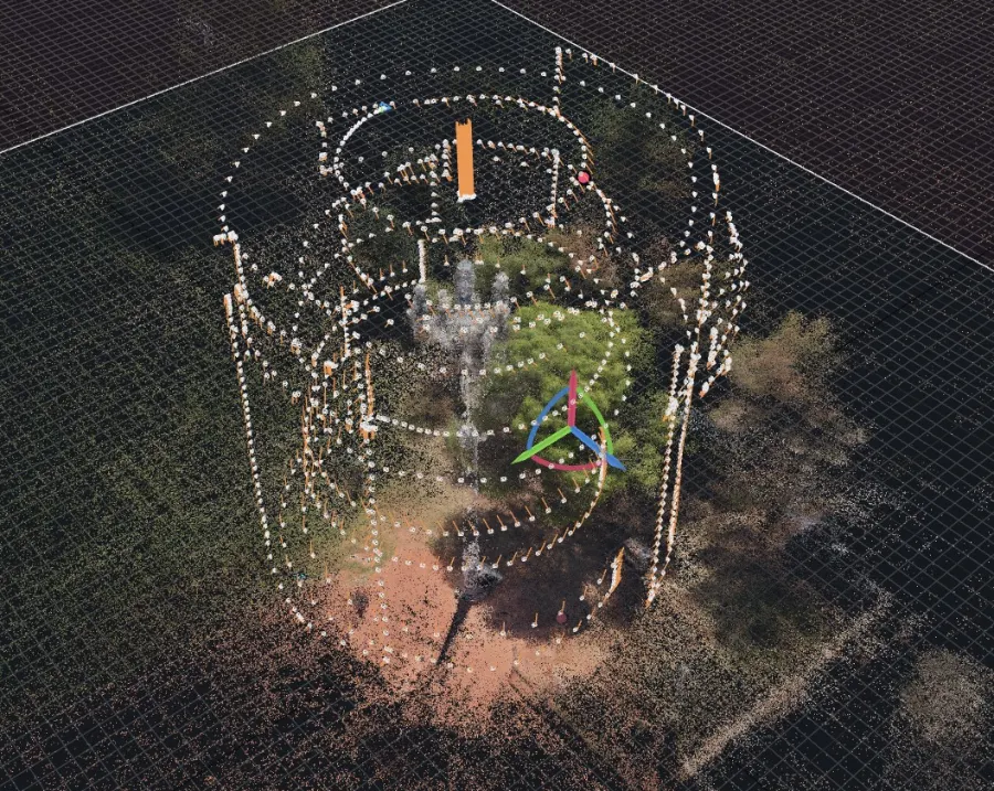 Reconstruction viewport showing hundreds of individual camera positions arranged in stacked orbits around a communications tower, with the resulting point cloud inside them.