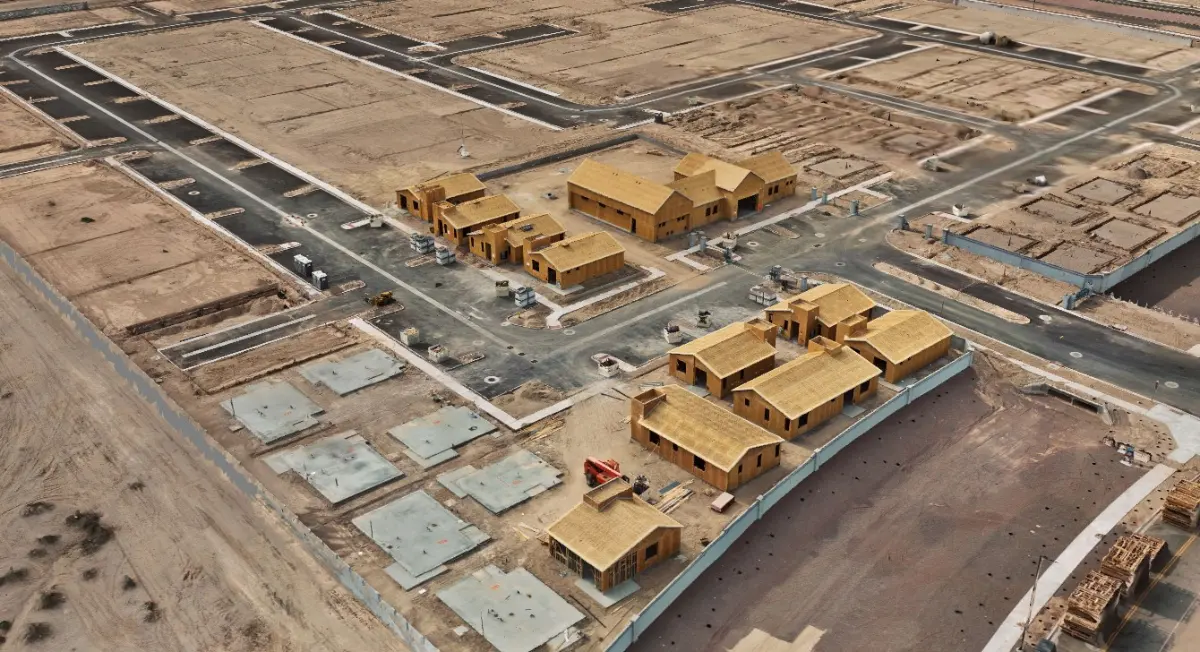 Oblique aerial photograph of a residential development under construction, showing framed houses, poured foundation slabs, graded lots and new roadways.