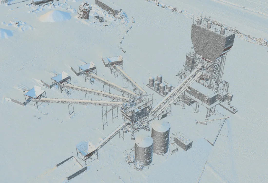 Untextured mesh of an aggregate batch plant, showing conveyor galleries, hoppers, silos and structural steel as bare measured geometry.